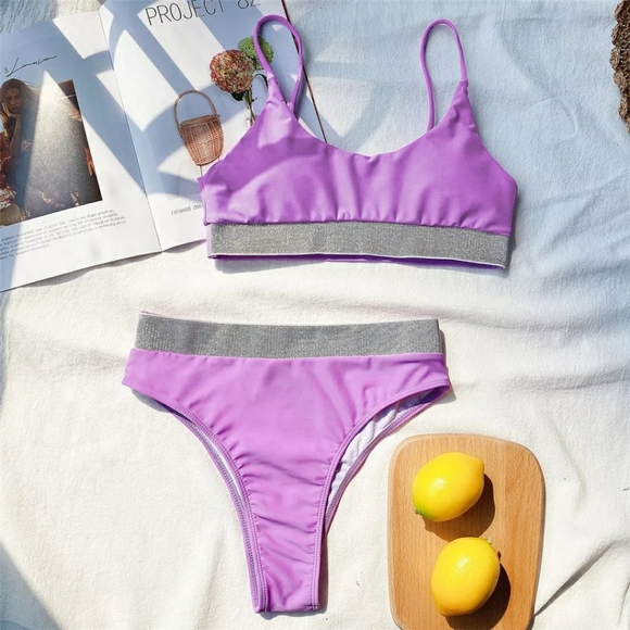 New Purple Shimmering Bralette Top Bikini Set - Picture 5 of 7